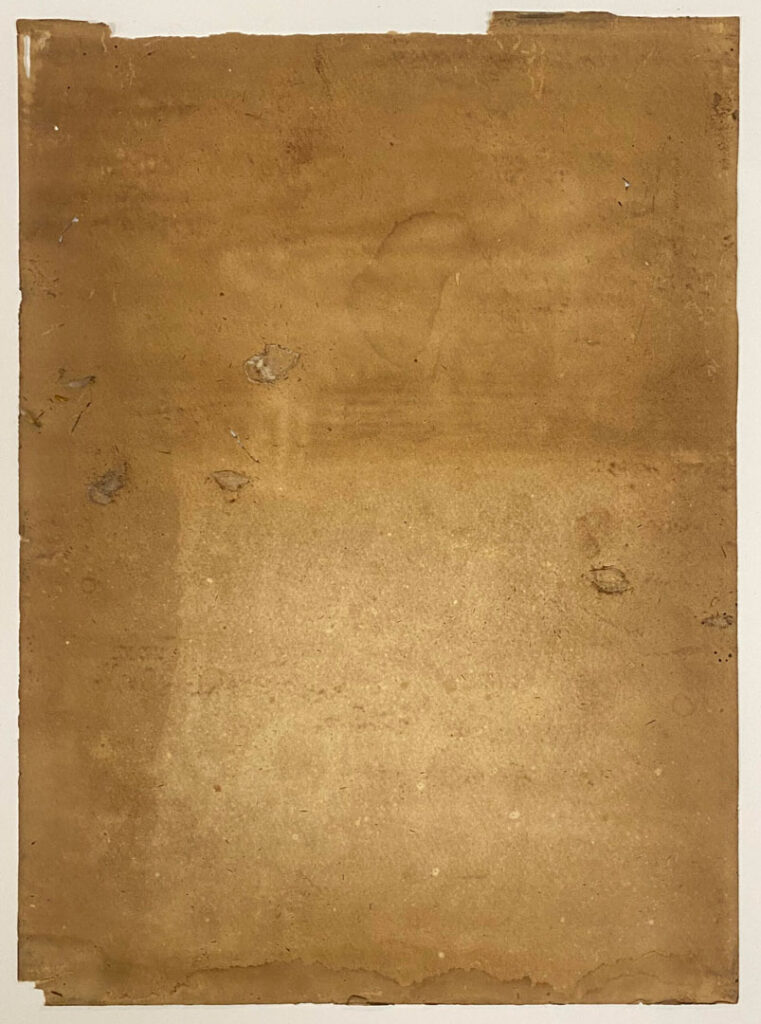 Verso of an unframed antique 19th century lithograph by Nathaniel Currier. The back of the sheet exhibits heavy soiling, water staining, and discoloration from direct contact with the wood panel backboard.